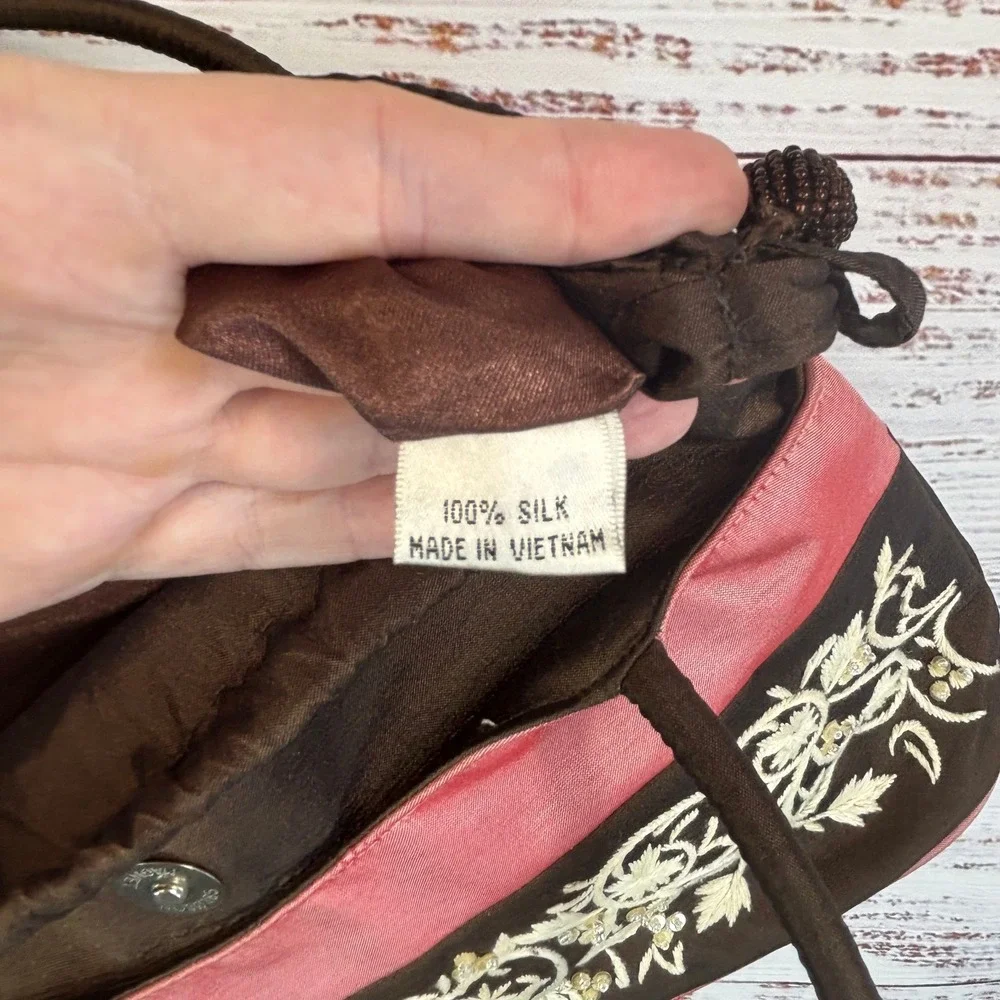 Vintage Shoulder Bag Claire V. Small Pink Brown 100% Silk Embroidered Beaded